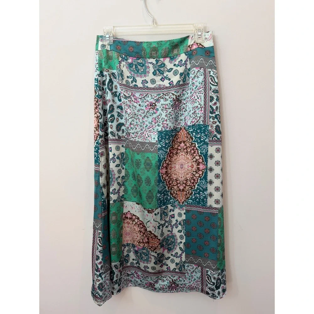 Boho Patchwork Paisley Floral Midi Skirt Teal Green Mixed Print Slit Skirt S/M
